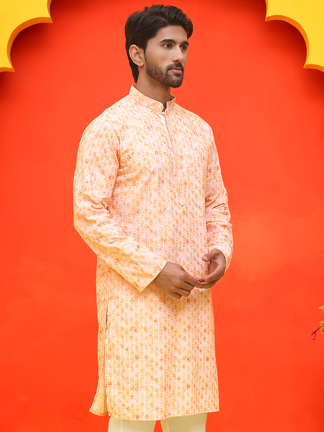 DesiQlo Men Geometric Kurta Only - Orange - KO_5208Orange_S