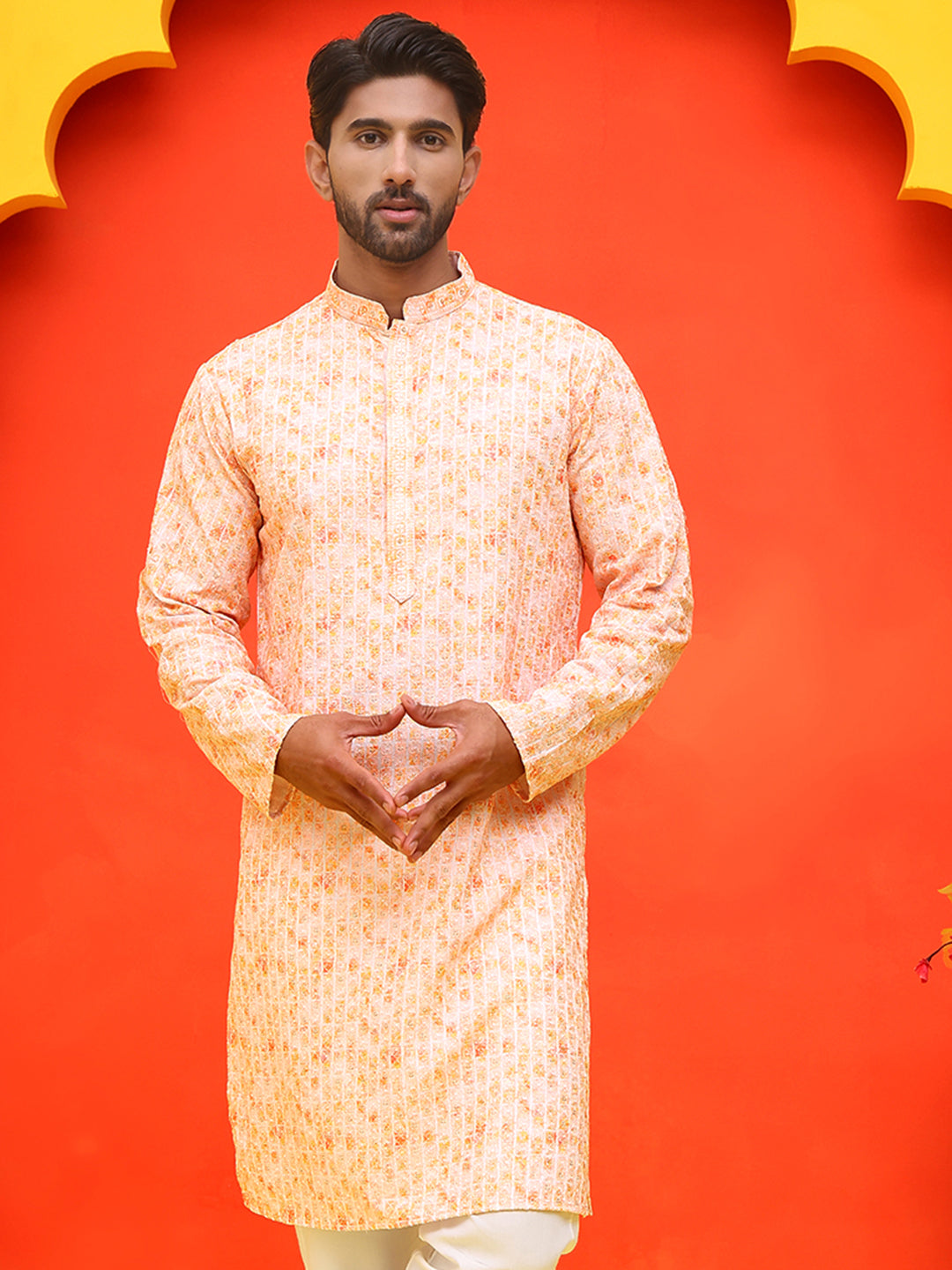 DesiQlo Men Geometric Kurta Only - Orange - KO_5208Orange_S