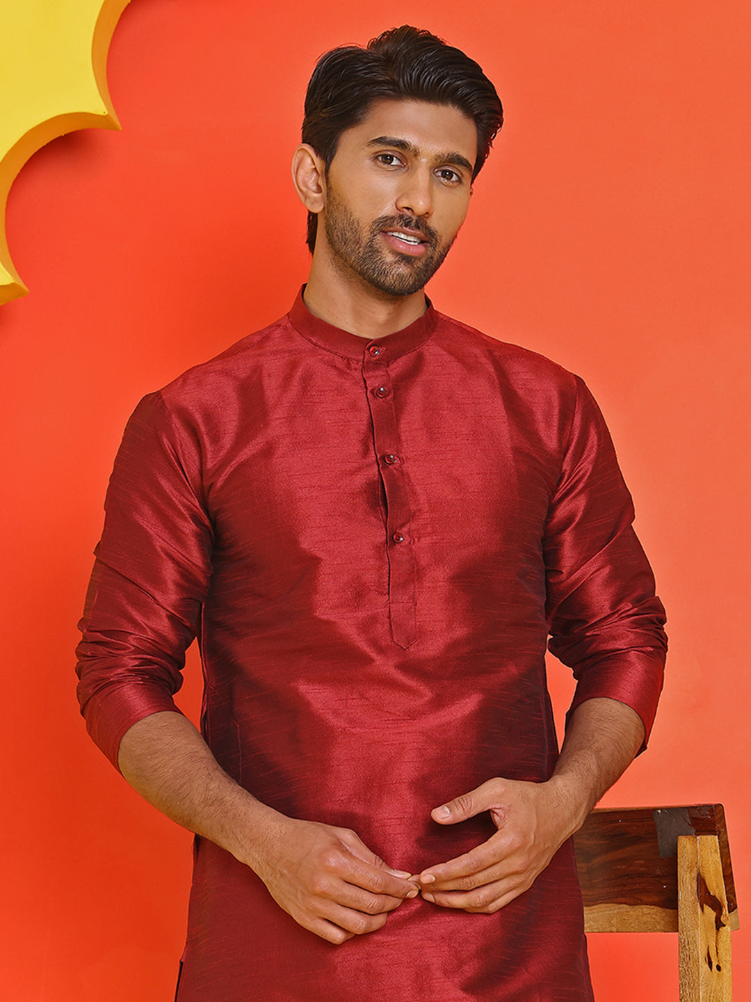 Solid Dupion Silk Kurtas for Men ( KO 5209 Maroon ) [FF] [(636) BASEMENT]