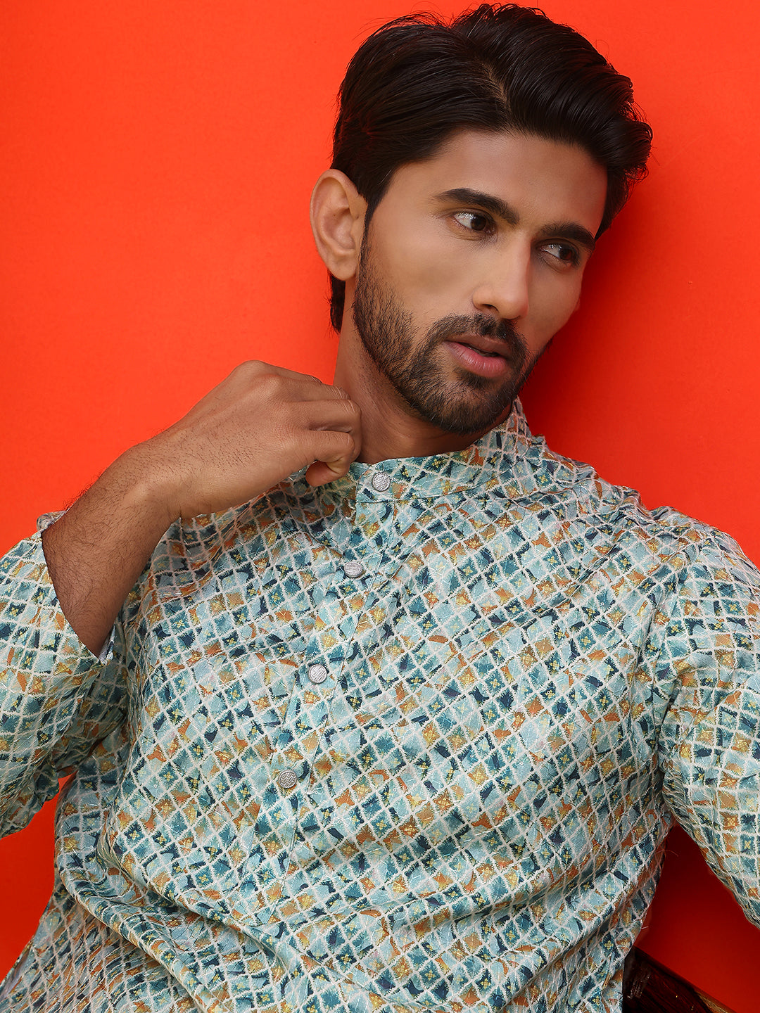 DesiQlo Men Geometric Kurta Only - Green - KO_5210Green_S