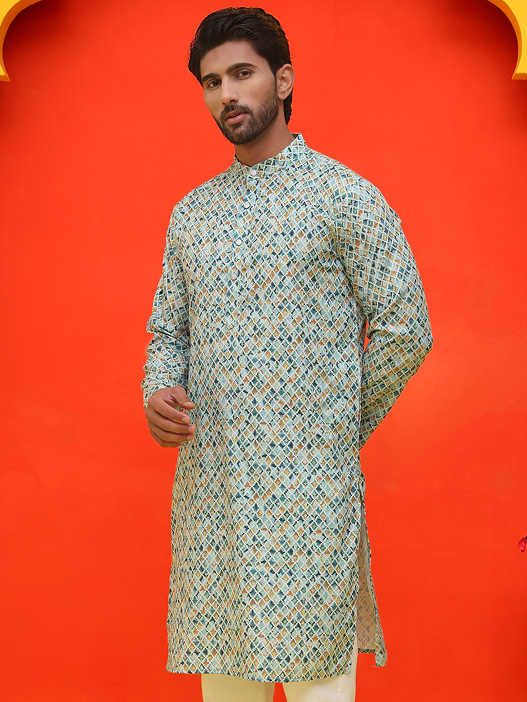 DesiQlo Men Geometric Kurta Only - Green - KO_5210Green_S