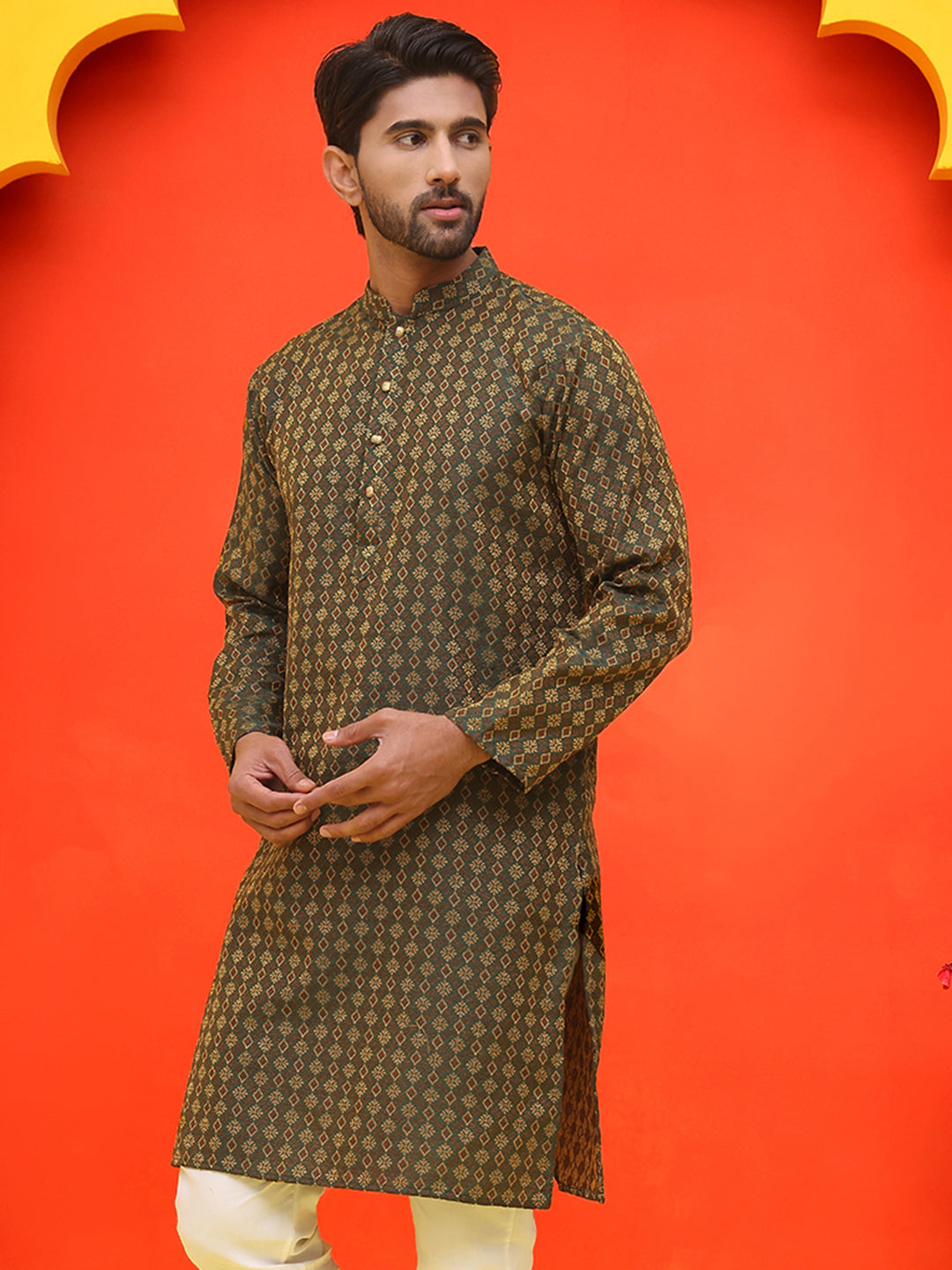 DesiQlo Men Woven Design Kurta Only - Green - KO_5211Olive_S