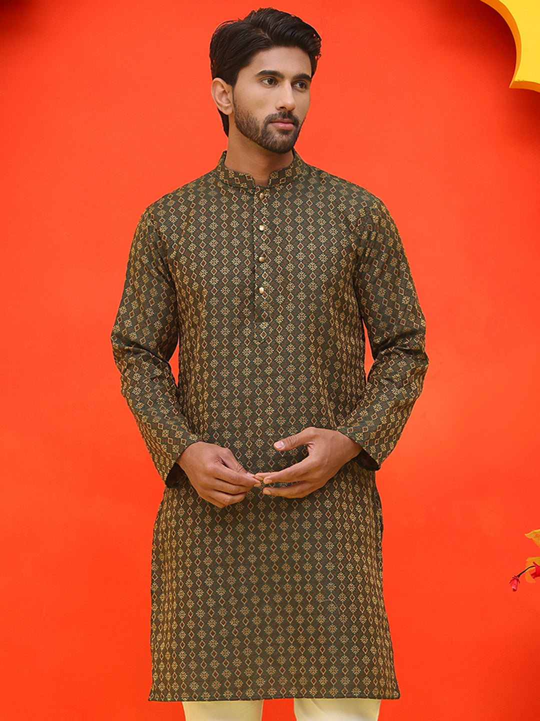 DesiQlo Men Woven Design Kurta Only - Green - KO_5211Olive_S