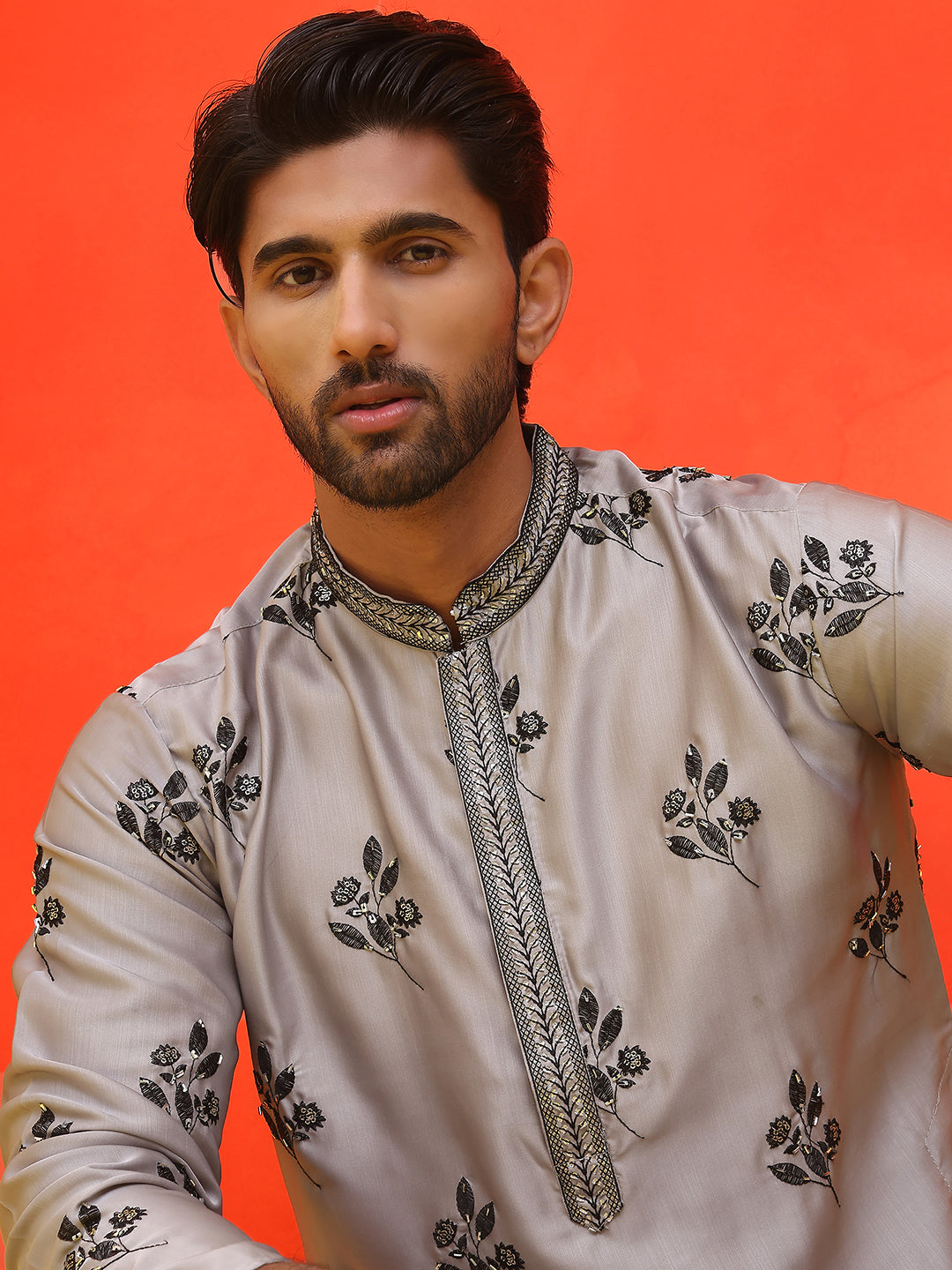 DesiQlo Men Floral Kurta Only - Grey - KO_5213Grey_S