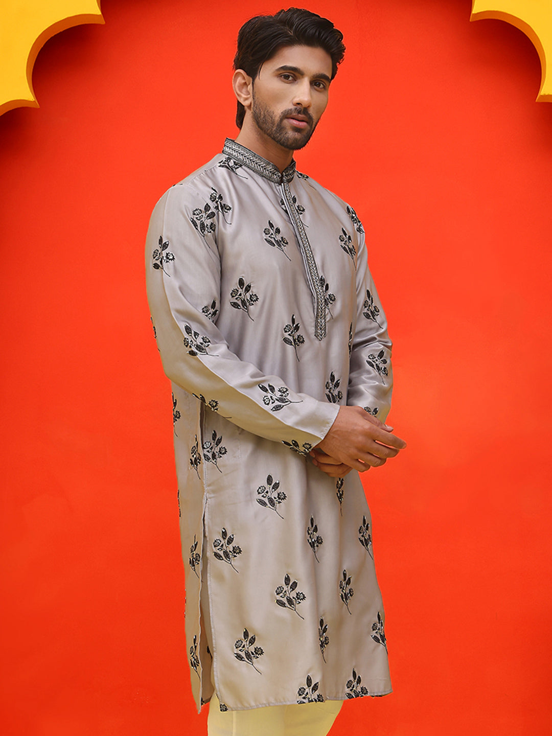 DesiQlo Men Floral Kurta Only - Grey - KO_5213Grey_S