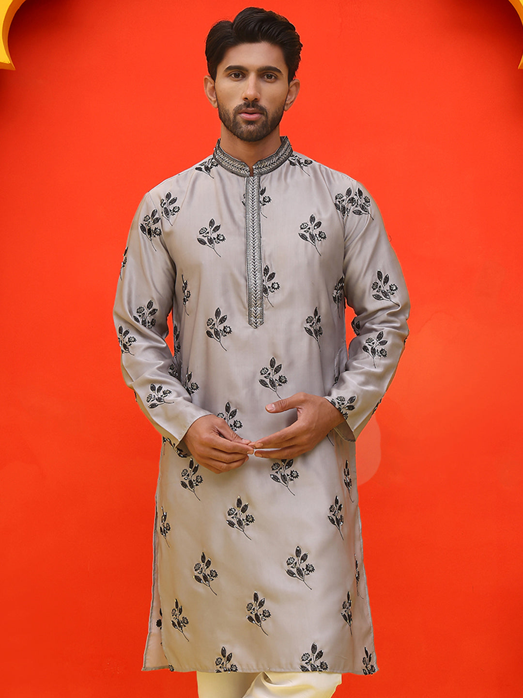 DesiQlo Men Floral Kurta Only - Grey - KO_5213Grey_S