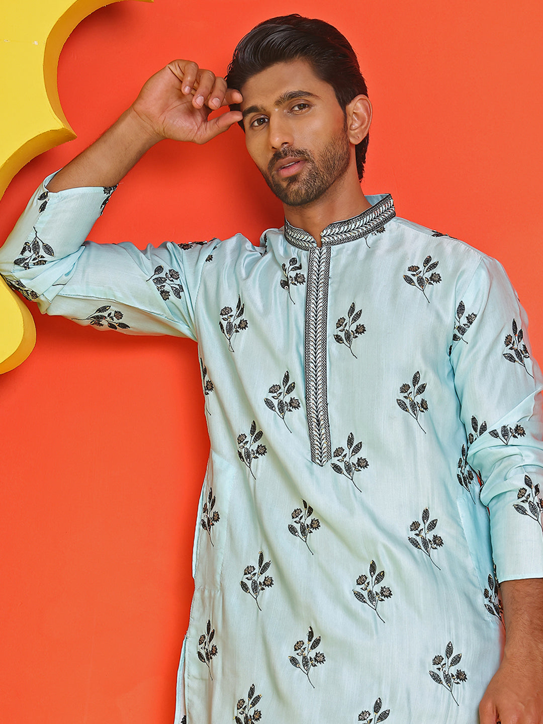 DesiQlo Men Embroidered Kurta Only - Blue - KO_5213Sky_S