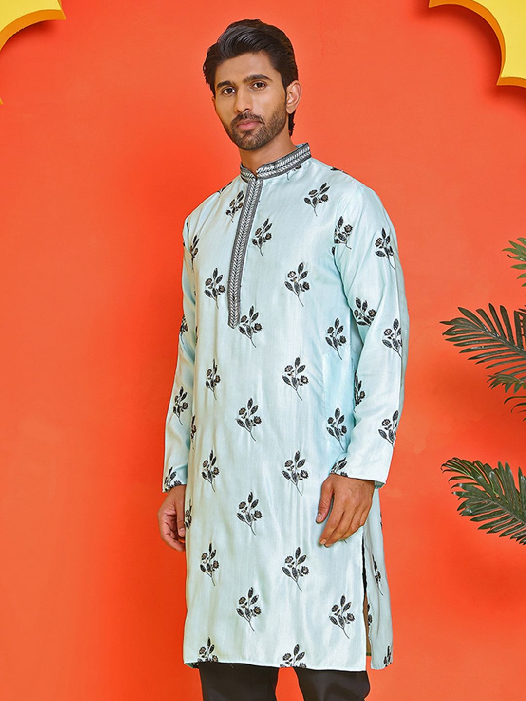 DesiQlo Men Embroidered Kurta Only - Blue - KO_5213Sky_S