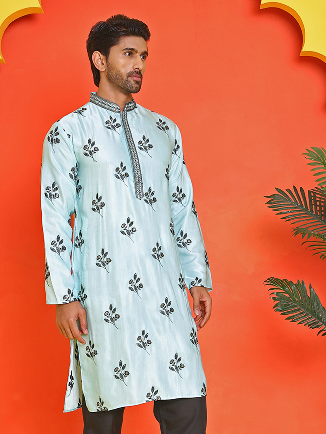 DesiQlo Men Embroidered Kurta Only - Blue - KO_5213Sky_S
