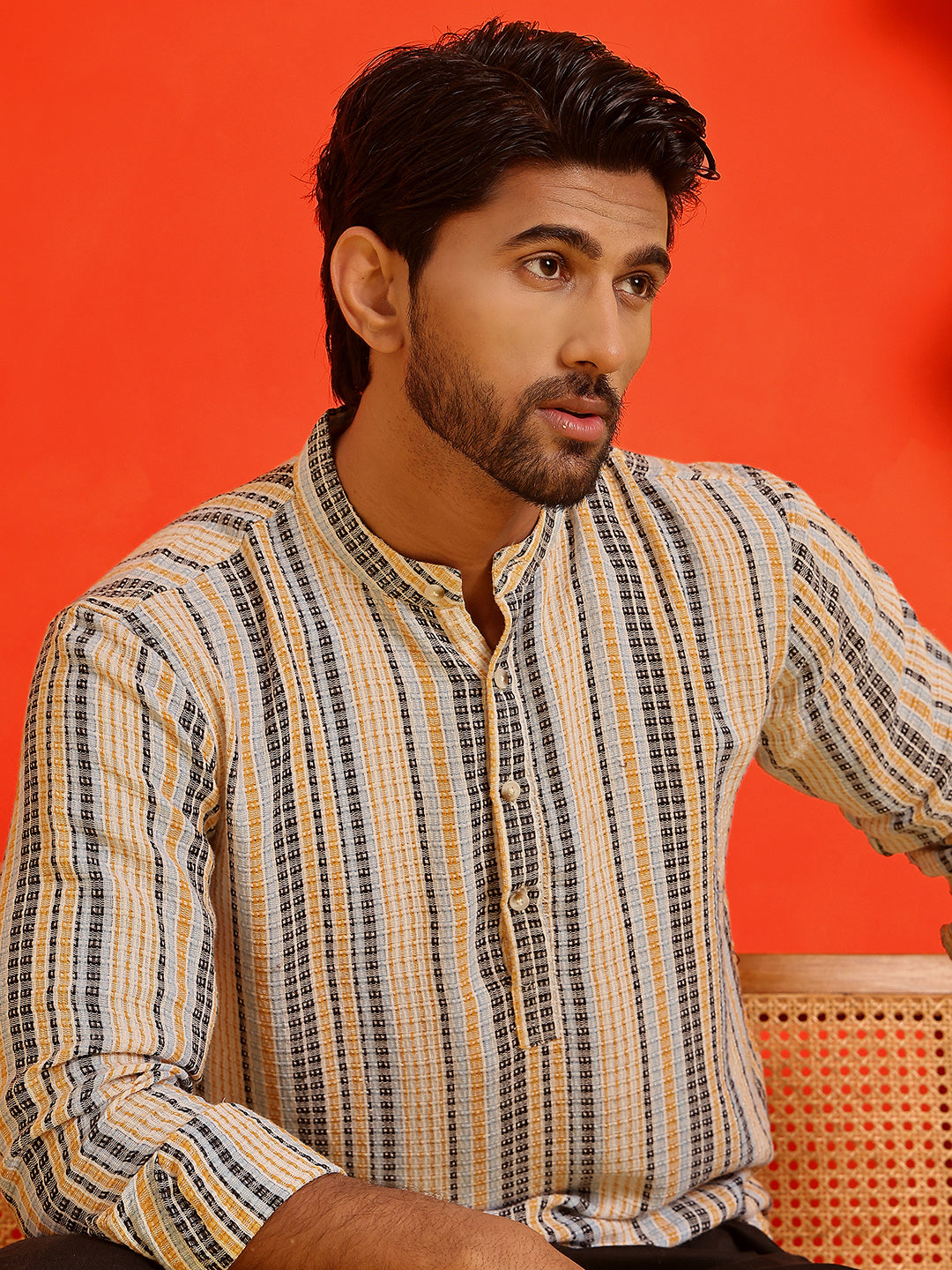 Striped Cotton short Kurtas ( KO 5214 Yellow ) [FF] [J-4]