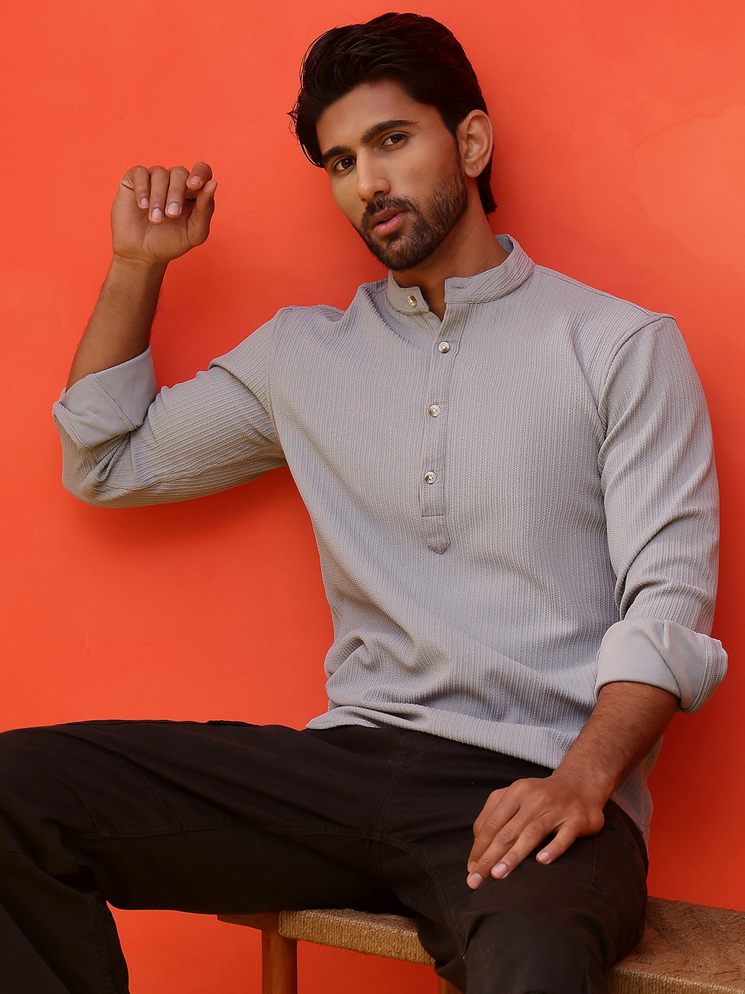 Solid Cotton Blend Short Kurta ( KO 5215 Grey ) [FF] [D-8-9]