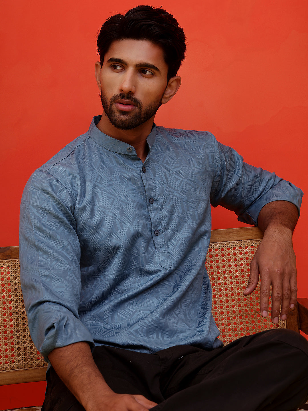 Woven Design Short Kurta for Men ( KO 5216 Blue ) [FF] [C-11-12]