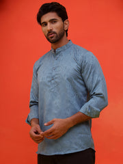 Woven Design Short Kurta for Men ( KO 5216 Blue ) [FF] [C-11-12]