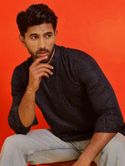 Woven Design Short Kurta for Men ( KO 5216 Navy ) [FF] [C-11-12]