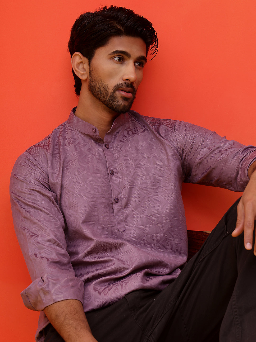 Woven Design Short Kurta for Men ( KO 5216 Purple ) [FF] [C-11-12]