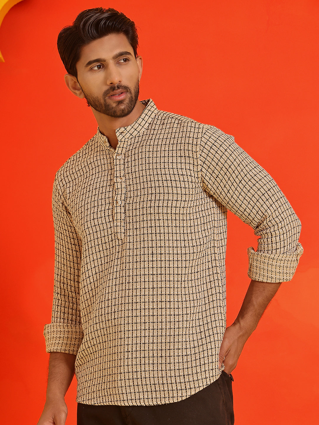 DesiQlo Men Checked Kurta Only - Beige