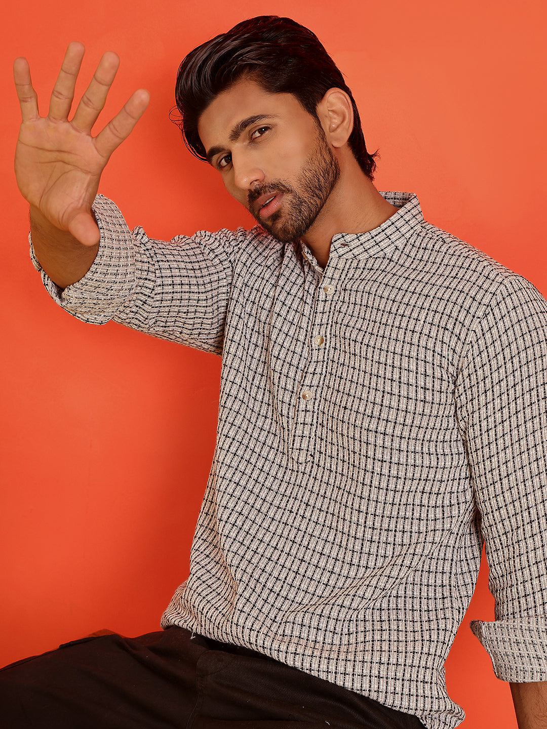Checked Cotton short Kurtas ( KO 5217 Grey ) [FF] [ J1 ]