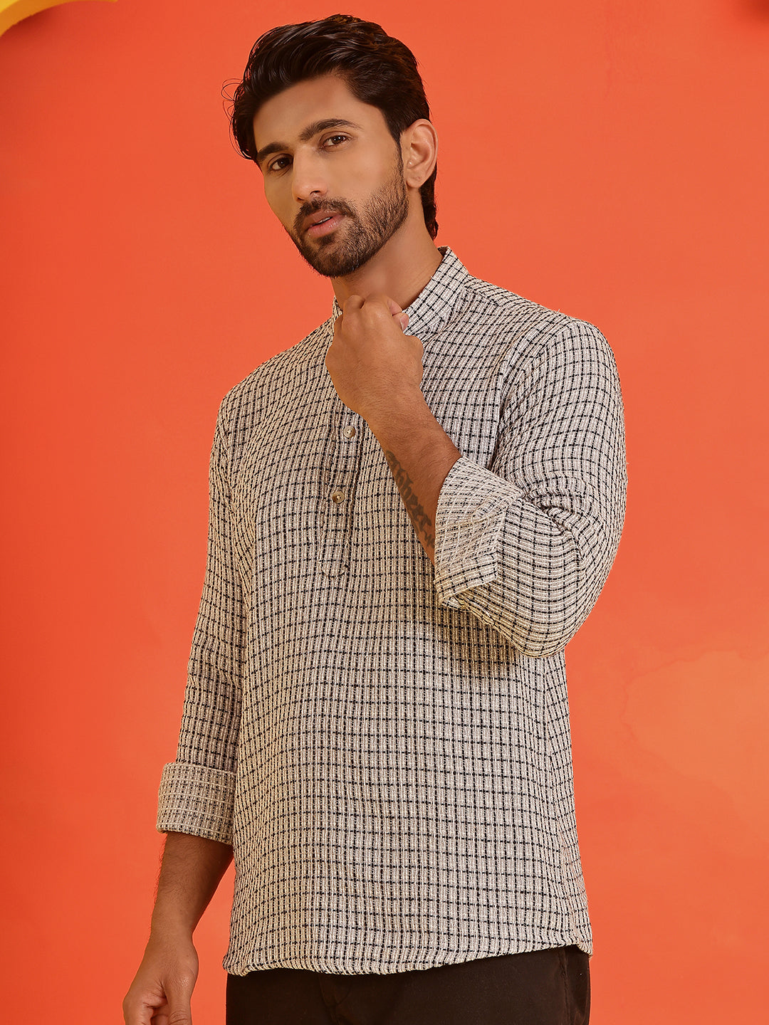 DesiQlo Men Checked Kurta Only - Grey - KO_5217Grey_S