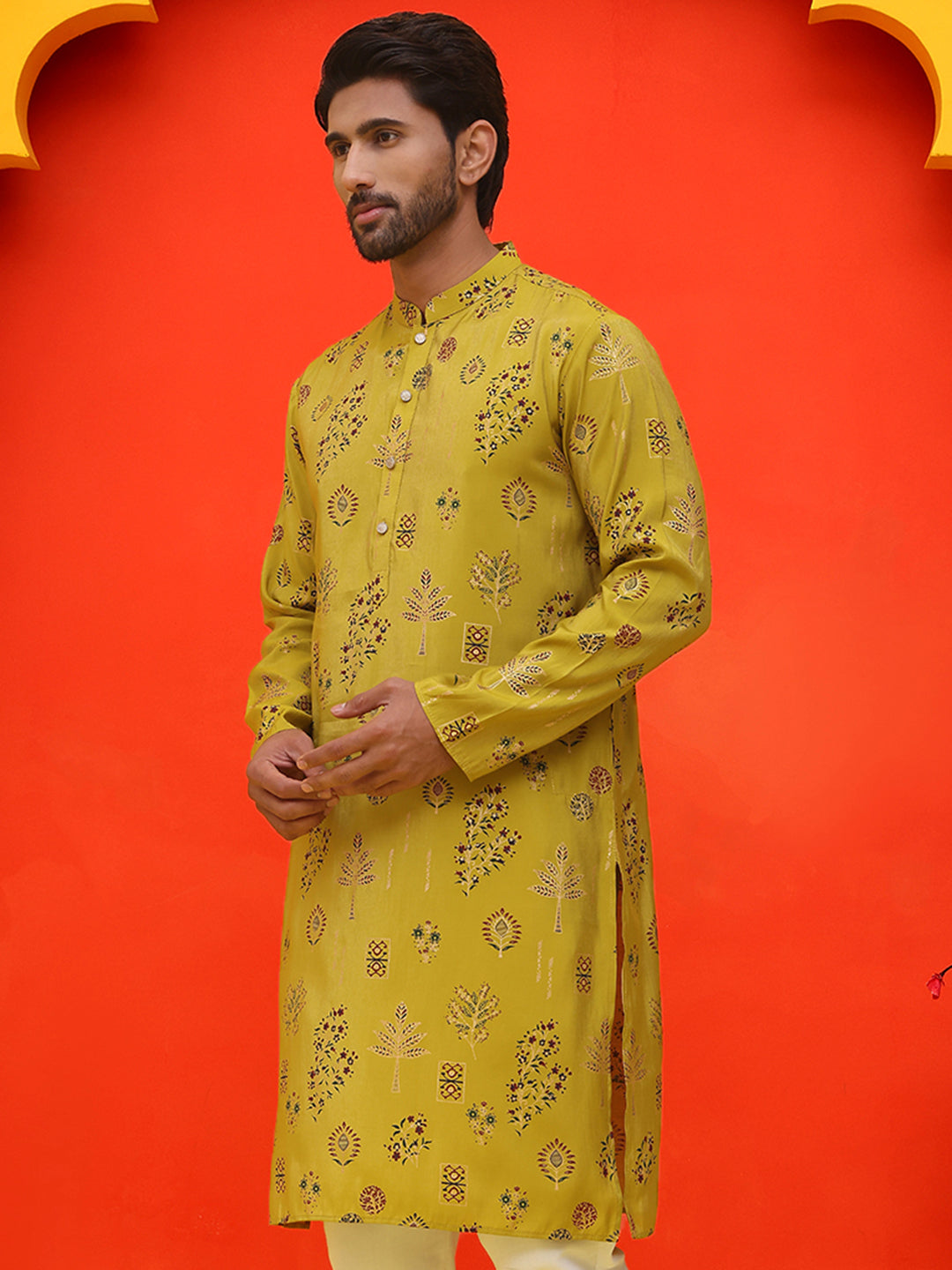 DesiQlo Men Floral Kurta Only - Yellow - KO_5218Mustard_S