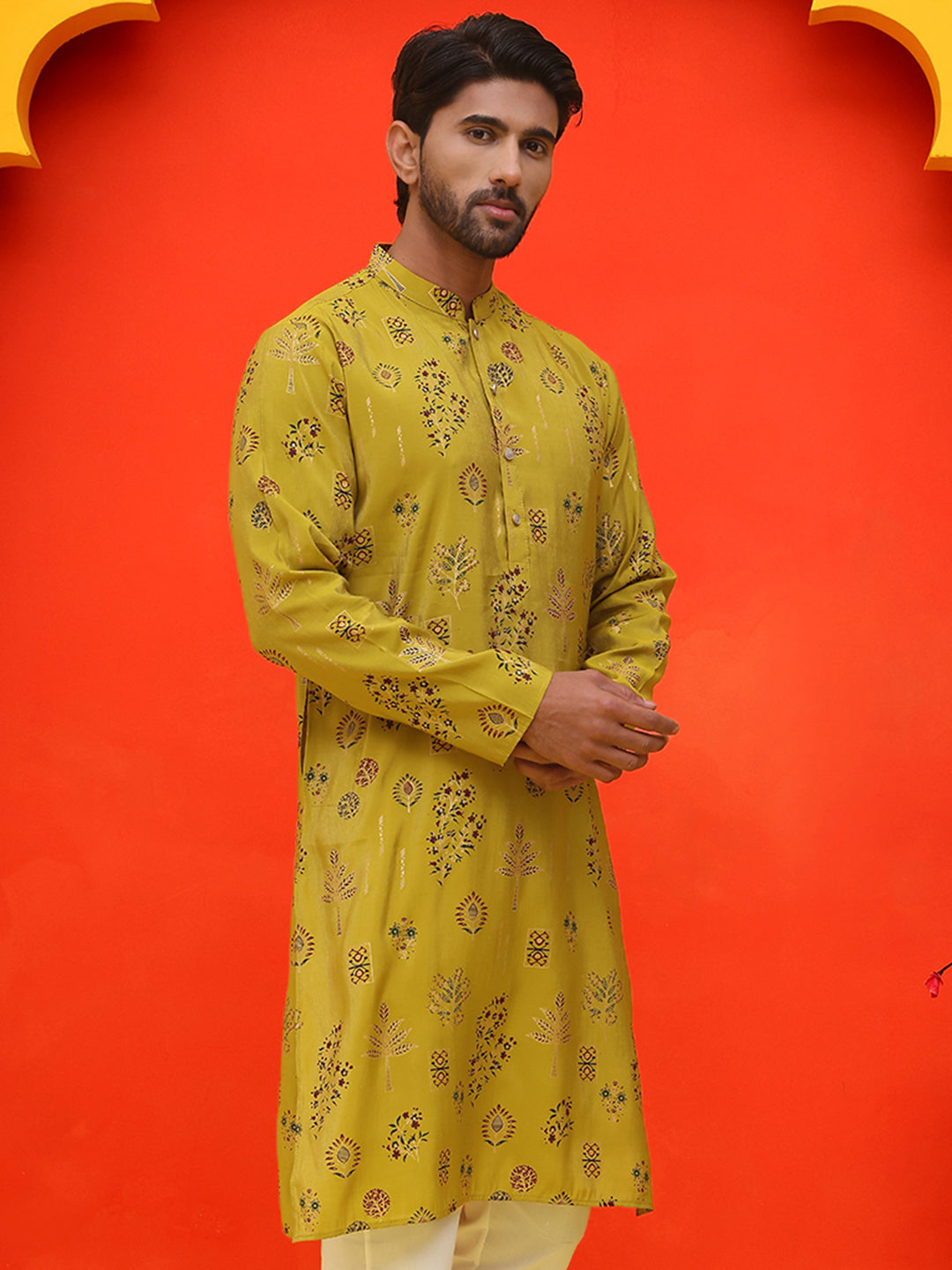 DesiQlo Men Floral Kurta Only - Yellow - KO_5218Mustard_S