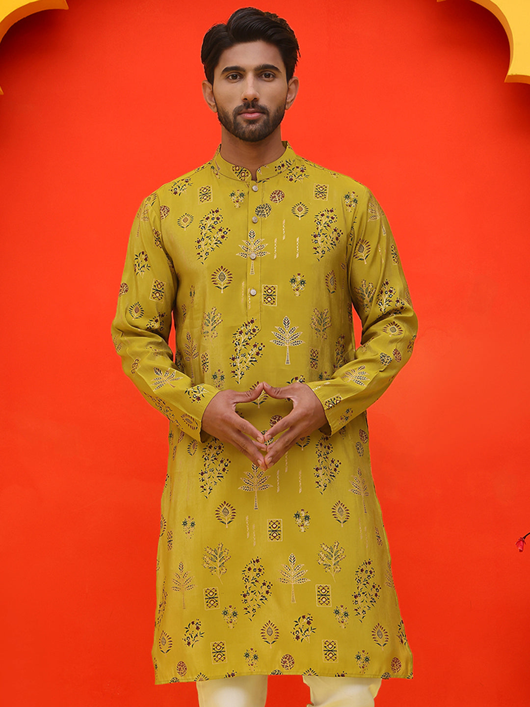 DesiQlo Men Floral Kurta Only - Yellow - KO_5218Mustard_S