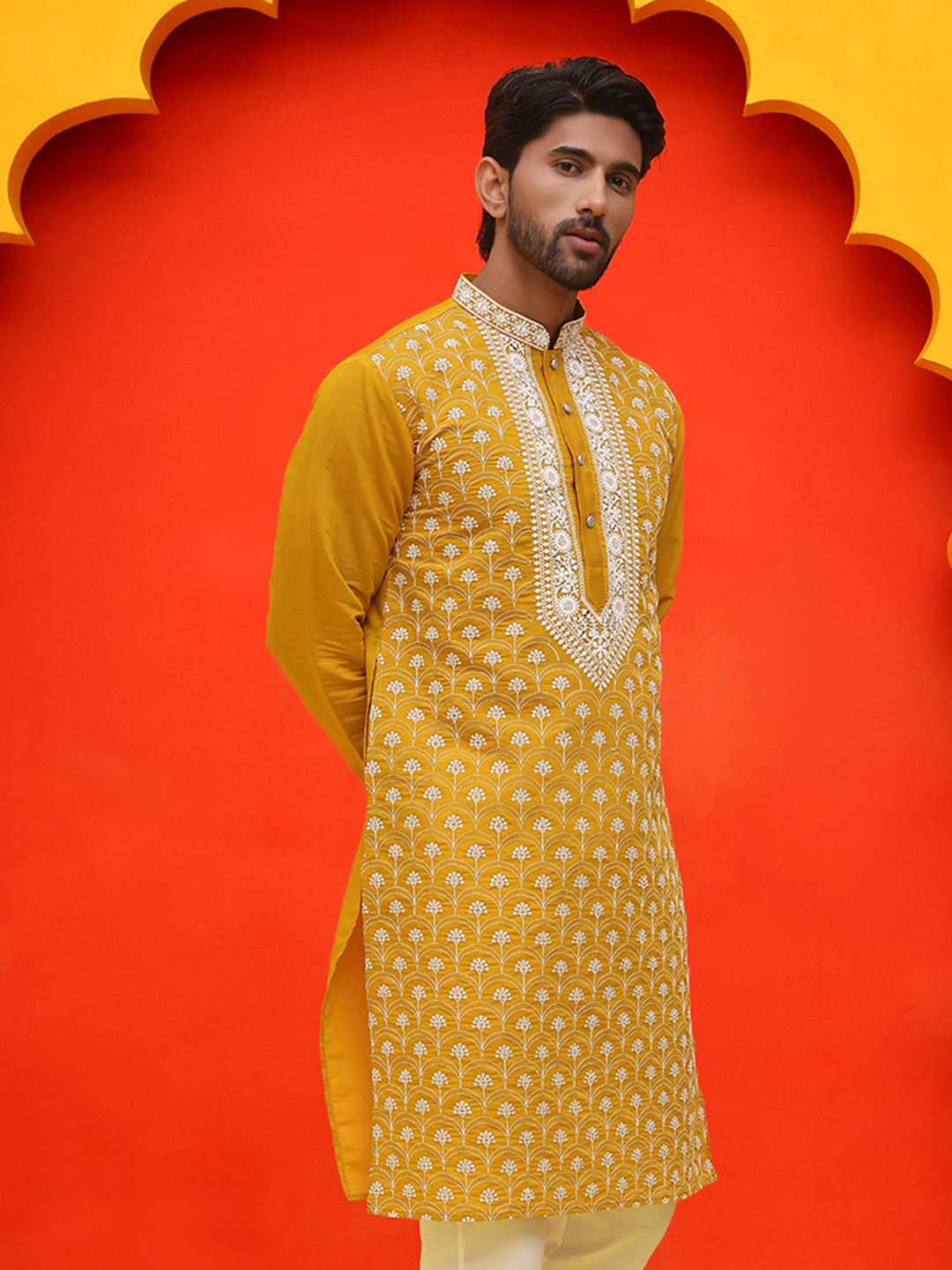DesiQlo Men Floral Kurta Only - Yellow - KO_5220Mustard_S