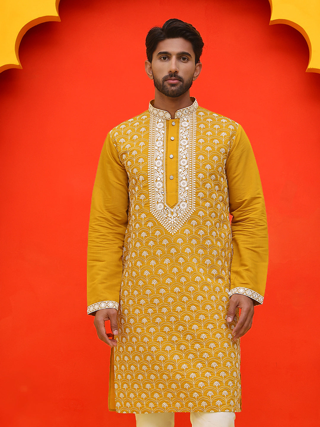 DesiQlo Men Floral Kurta Only - Yellow - KO_5220Mustard_S