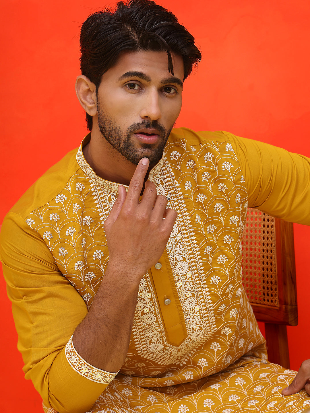 DesiQlo Men Floral Kurta Only - Yellow - KO_5220Mustard_S