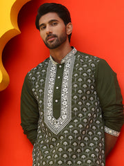 Embroidered Kurtas For Men ( KO 5220 Olive ) [FF] [I-1-4]
