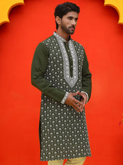 Embroidered Kurtas For Men ( KO 5220 Olive ) [FF] [I-1-4]