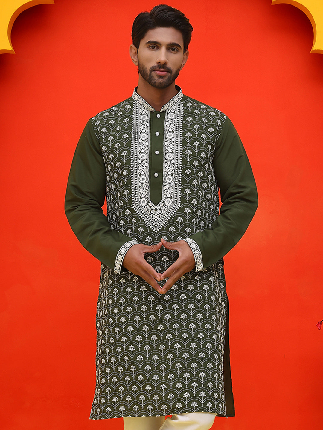 DesiQlo Men Floral Kurta Only - Green - KO_5220Olive_S