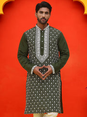 Embroidered Kurtas For Men ( KO 5220 Olive ) [FF] [I-1-4]
