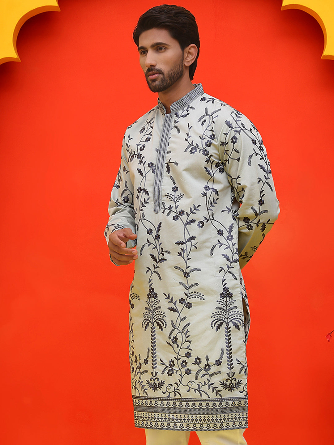 Chikankari Embroidered Kurtas For Men ( KO 5221 Grey ) [FF] [L-10]