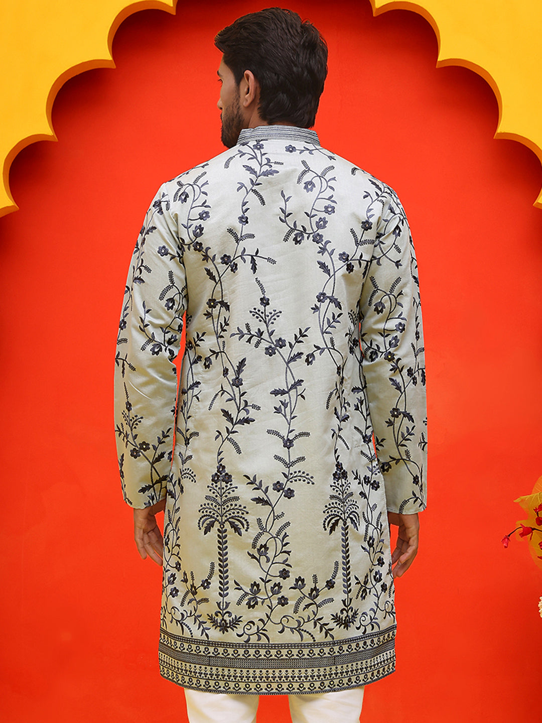 DesiQlo Men Floral Kurta Only - Grey - KO_5221Grey_S