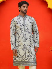 Chikankari Embroidered Kurtas For Men ( KO 5221 Grey ) [FF] [L-10]