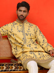 Chikankari Embroidered Kurtas For Men ( KO 5221 Yellow ) [FF] [L-10]