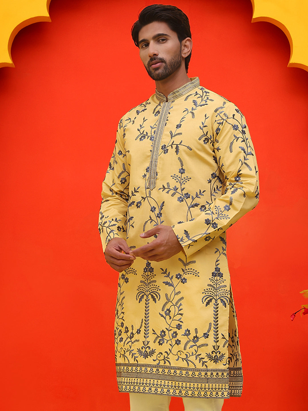 DesiQlo Men Floral Kurta Only - Yellow - KO_5221Yellow_S
