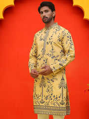 Chikankari Embroidered Kurtas For Men ( KO 5221 Yellow ) [FF] [L-10]