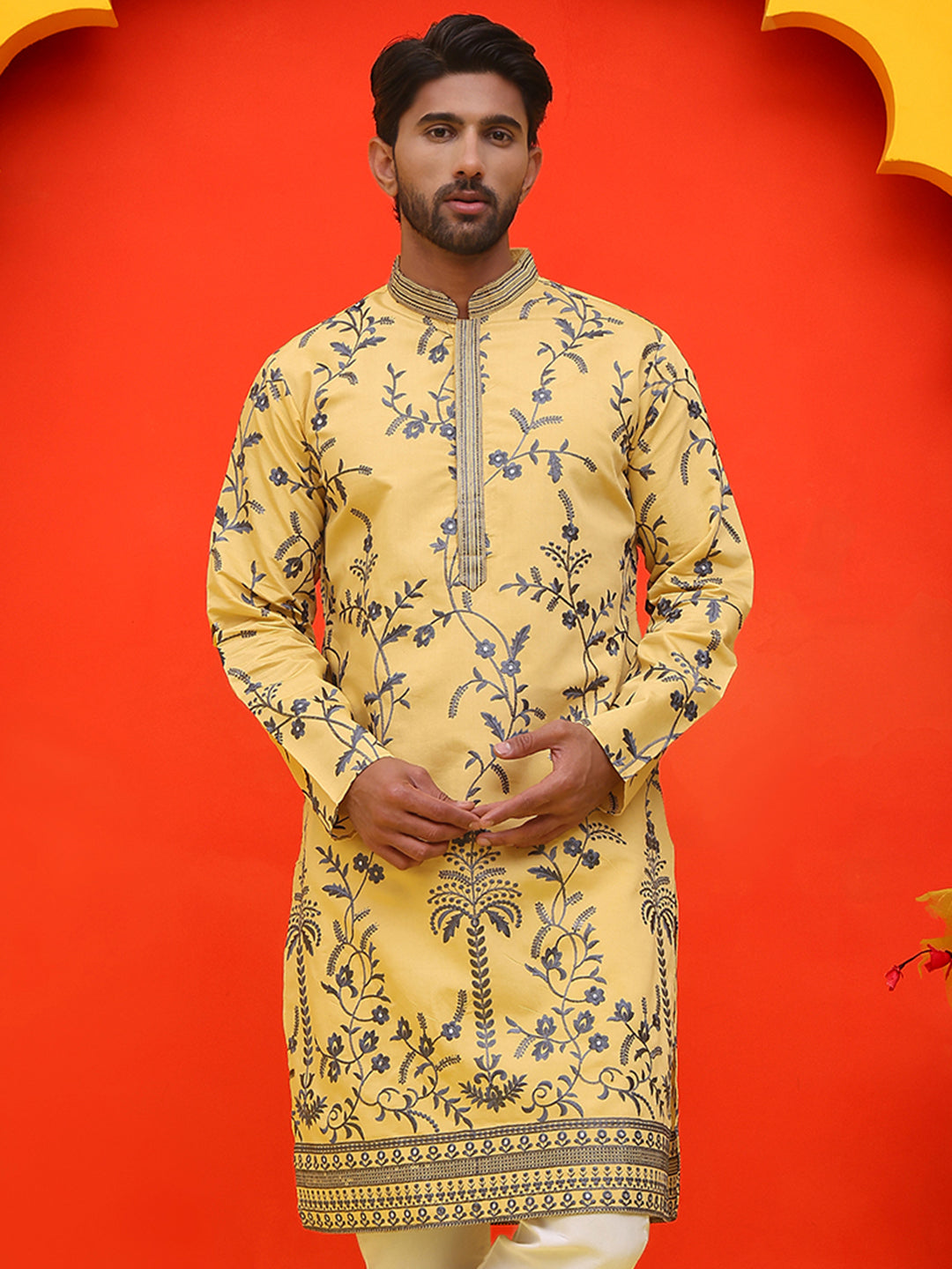 DesiQlo Men Floral Kurta Only - Yellow - KO_5221Yellow_S