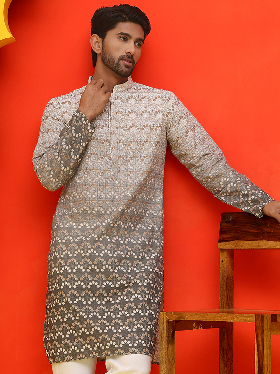 Ombre Printed & Embroidered Kurtas ( KO 5222 Grey ) [FF] [P-12-14]