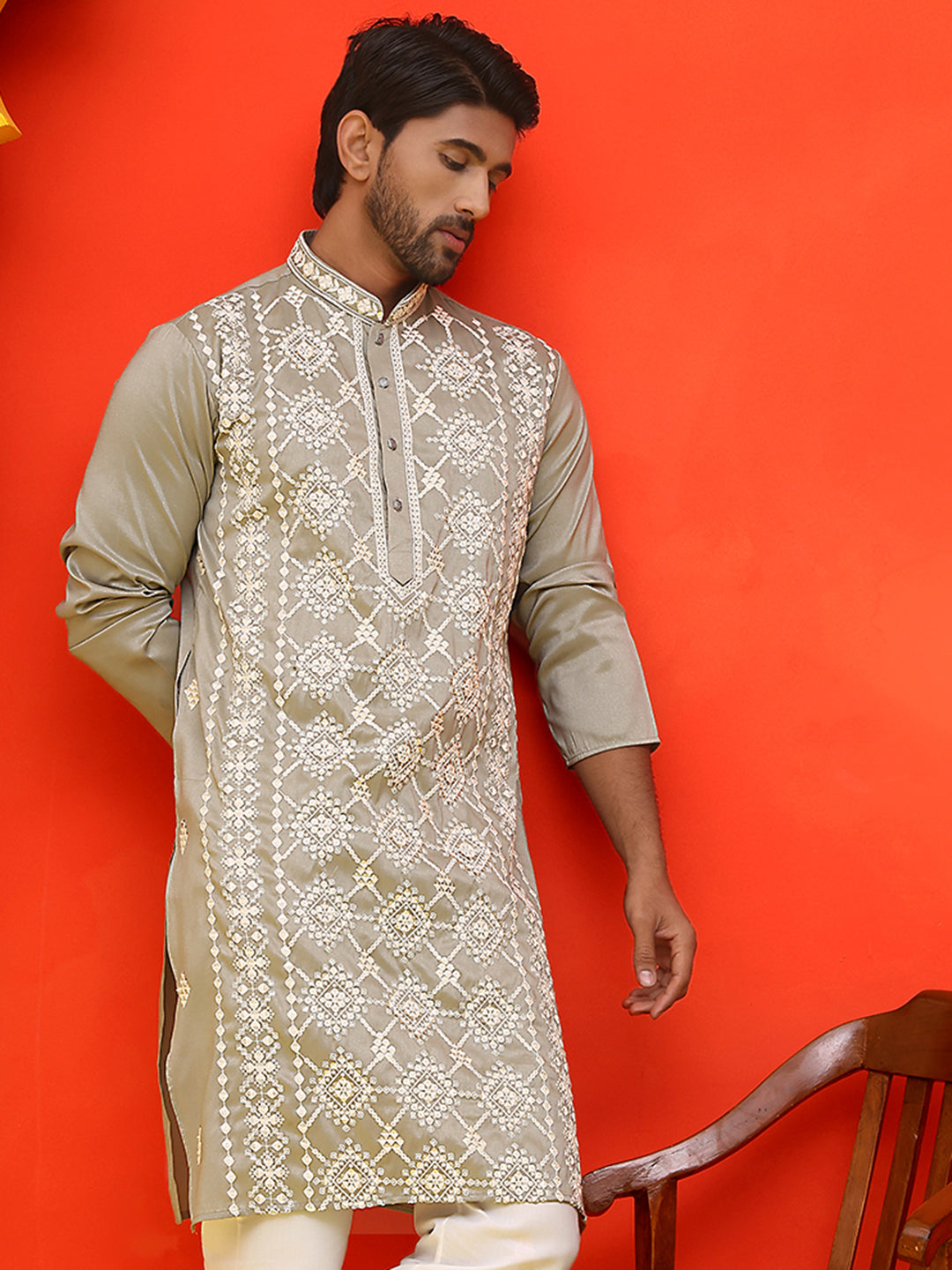 DesiQlo Men Floral Kurta Only - Grey - KO_5223Grey_S