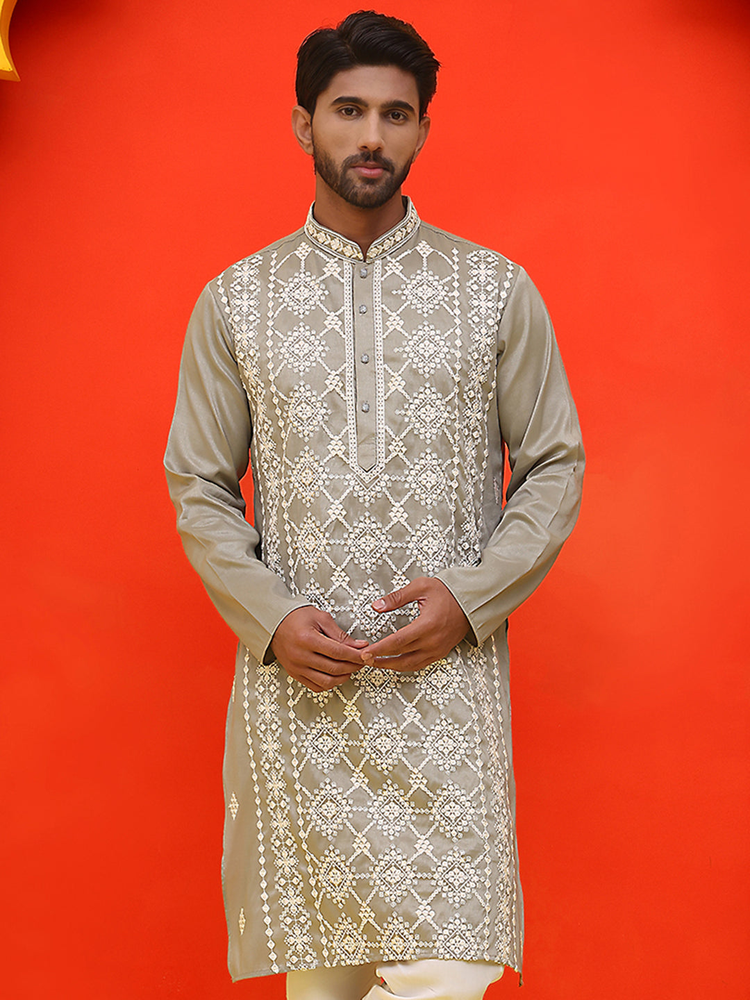 DesiQlo Men Floral Kurta Only - Grey - KO_5223Grey_S