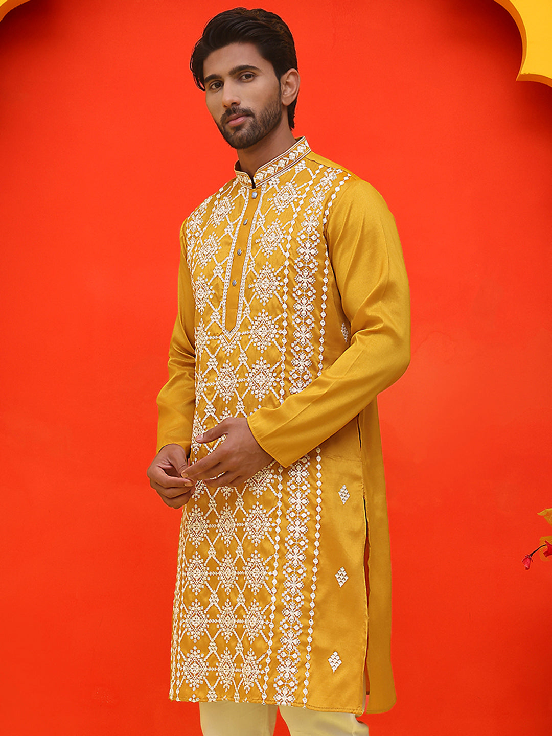 DesiQlo Men Floral Kurta Only - Yellow - KO_5223Mustard_S