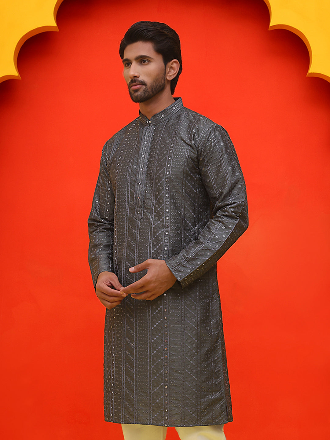 DesiQlo Men Geometric Kurta Only - Grey - KO_5225Grey_S