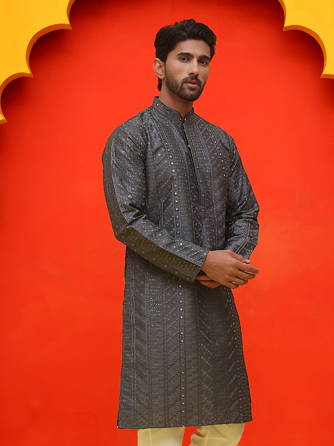 DesiQlo Men Geometric Kurta Only - Grey - KO_5225Grey_S