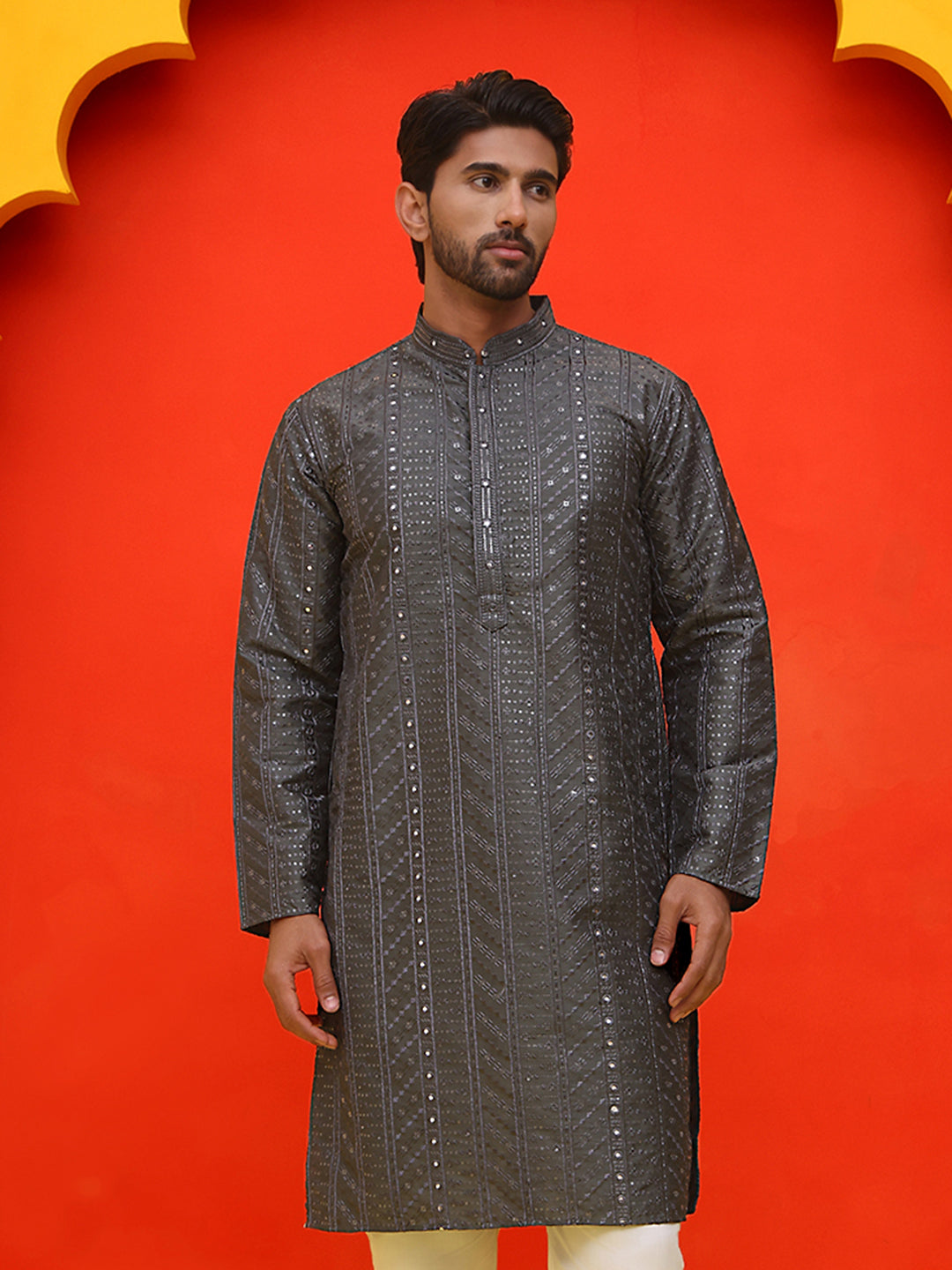 DesiQlo Men Geometric Kurta Only - Grey - KO_5225Grey_S