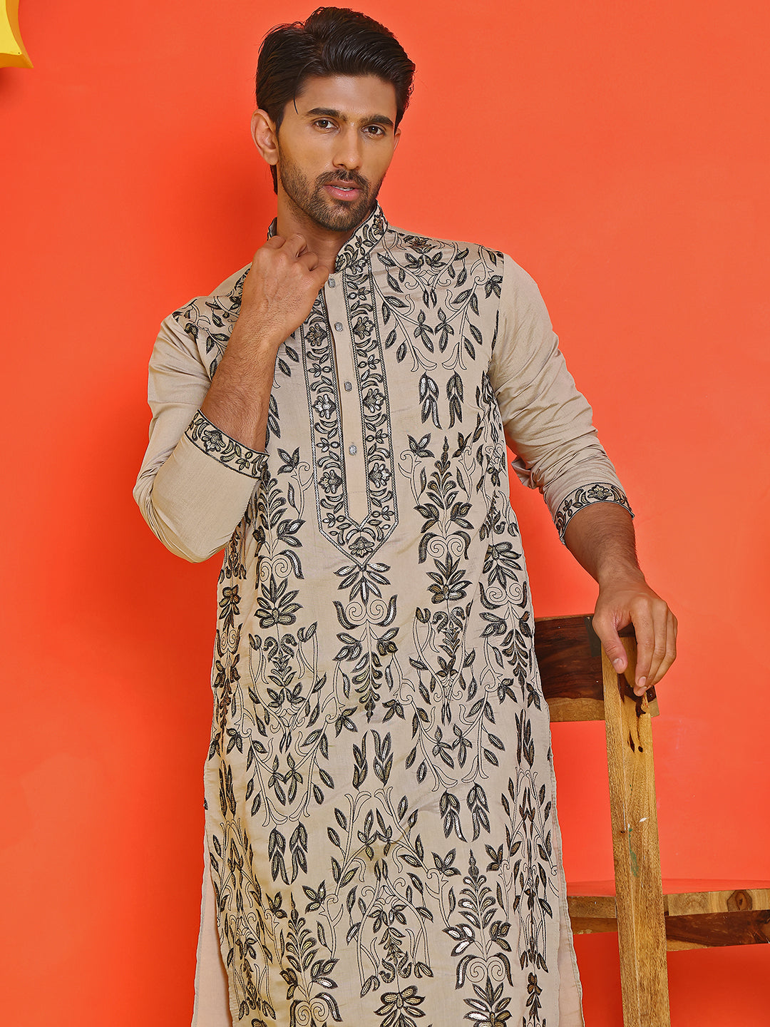 DesiQlo Men Embroidered Kurta Only - Beige - KO_5226Beige_S