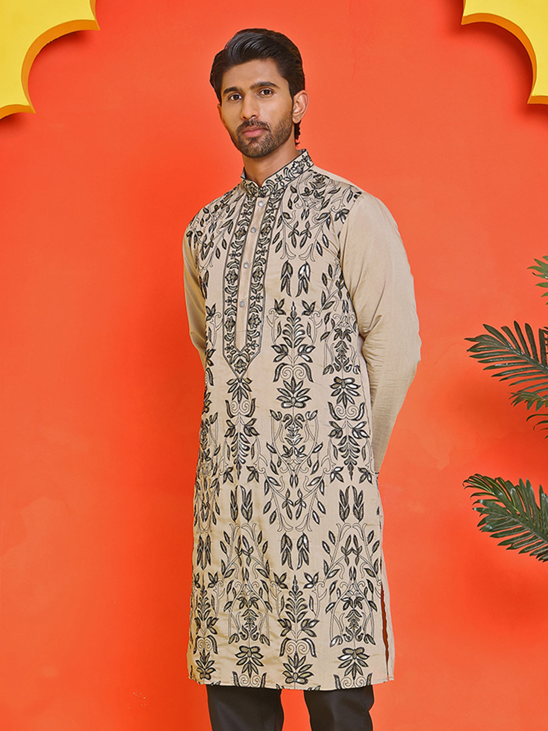DesiQlo Men Embroidered Kurta Only - Beige - KO_5226Beige_S