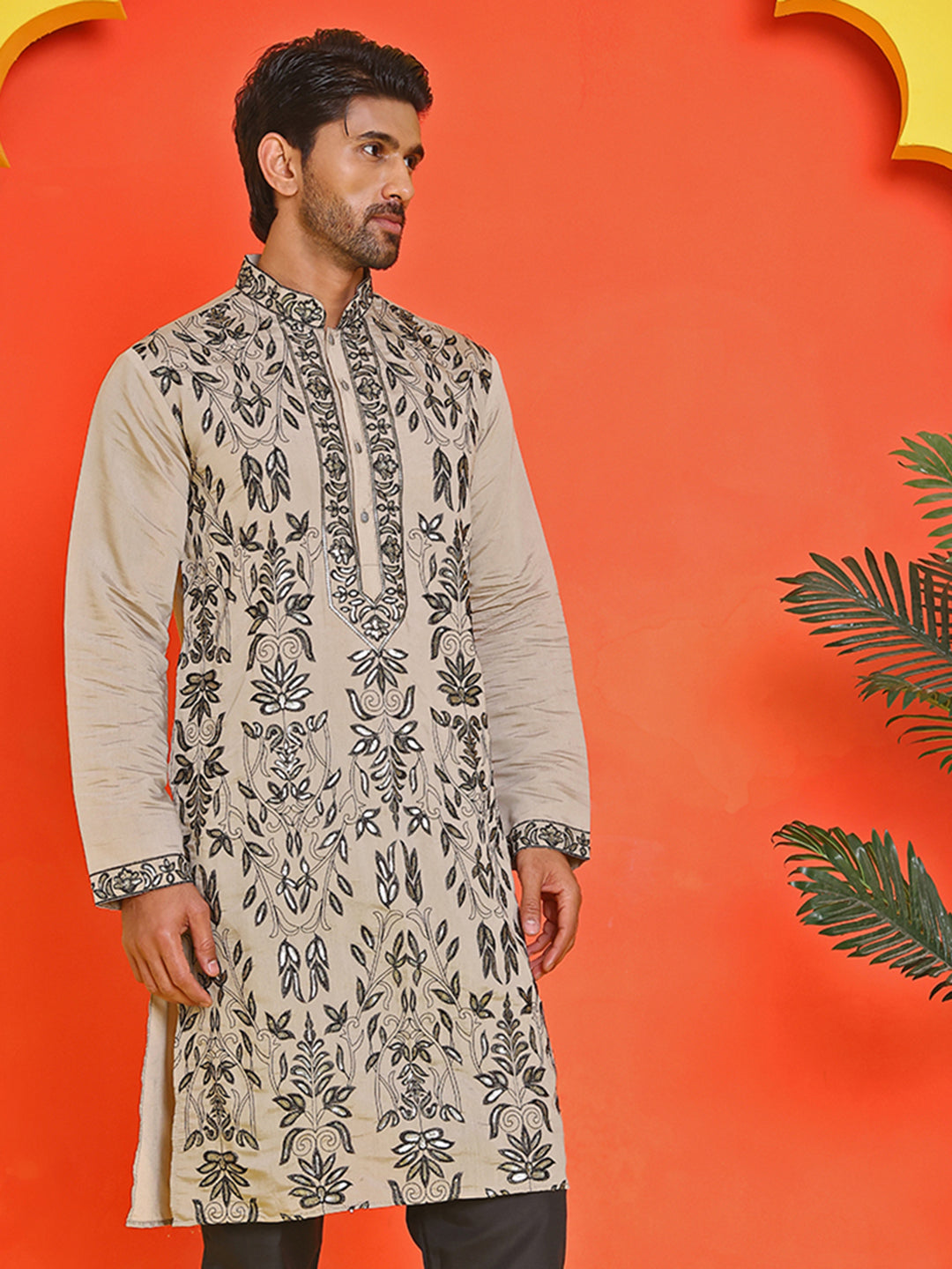 DesiQlo Men Embroidered Kurta Only - Beige - KO_5226Beige_S