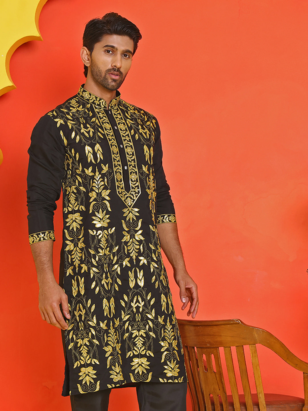 DesiQlo Men Embroidered Kurta Only - Black - KO_5226Black_S